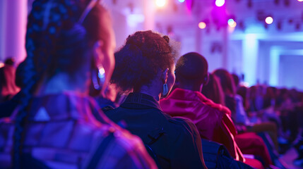 Stylish audience members watching a fashion show with dramatic lighting. Perfect for fashion, events, and high-end lifestyle themes.