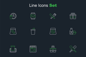 Set line Meatballs on wooden stick, Coffee cup to go, Online ordering food, Food mobile, Paper glass with water and fish icon. Vector