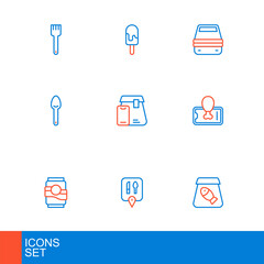 Set line Online ordering fish, Cafe and restaurant location, Soda can, Food mobile, Spoon, food, Lunch box and Ice cream icon. Vector