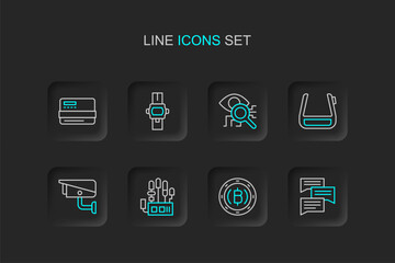 Set line Speech bubble chat, Cryptocurrency coin Bitcoin, Mechanical robot hand, Security camera, Smart glasses on spectacles, Eye scan, Wrist watch and Credit card icon. Vector