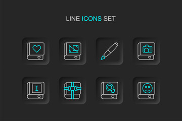 Set line Book, about women, as gift, Photo album gallery, Fountain pen nib, geometry and Romance book icon. Vector