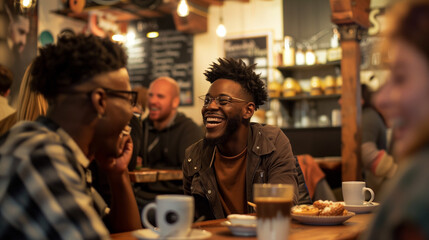 A lively group of friends chatting and laughing in a cozy cafe. Ideal for social interactions, friendship, and lifestyle themes.