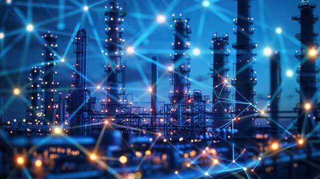 Futuristic industrial plant network with glowing digital connections.