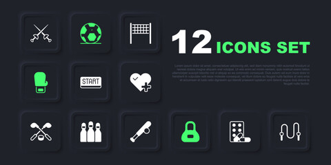 Set Sports doping with dumbbell, Jump rope, Ribbon finishing line, Weight, Boxing glove, Bowling, Soccer football ball and Baseball bat icon. Vector