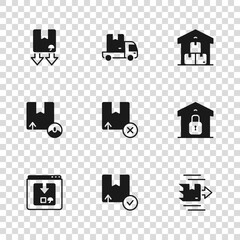 Set Carton cardboard box, Closed warehouse, Full, Cardboard with traffic symbol, Delivery cargo truck and icon. Vector