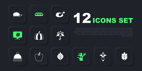 Set Corn, Leaf, Pumpkin, Bare tree, Location with leaf, Apple, Homemade pie and icon. Vector