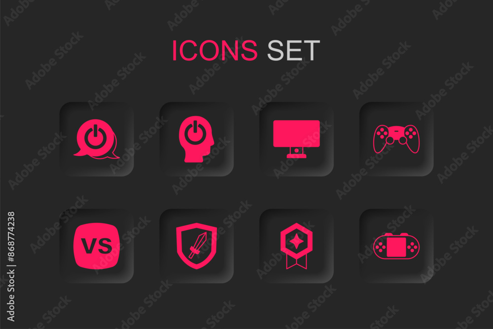 Poster set sword for game, power button, game rating with medal, controller joystick, portable video consol