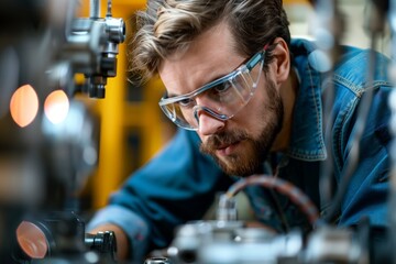 Mechanical engineer wearing protective goggles working in factory 