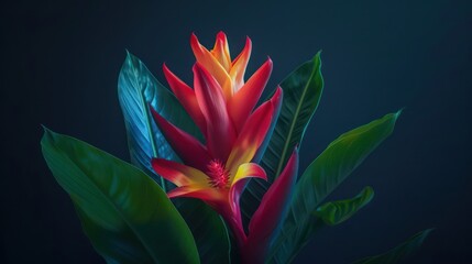Vibrant red and yellow tropical flower with lush green foliage art