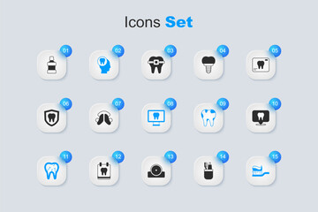 Set Toothbrush and toothpaste, Dental plate, Toothache, Broken, with, clinic location, Mouthwash and Online dental care icon. Vector