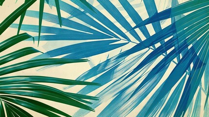   A blue and green palm leaf on a white background