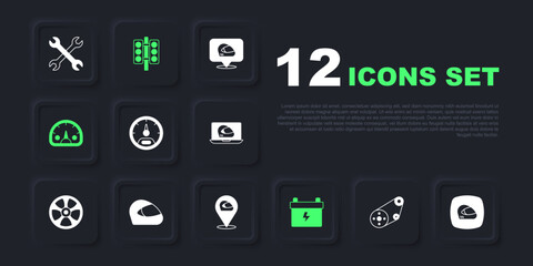 Set Timing belt kit, Racing helmet, Speedometer, Car battery, traffic light and icon. Vector