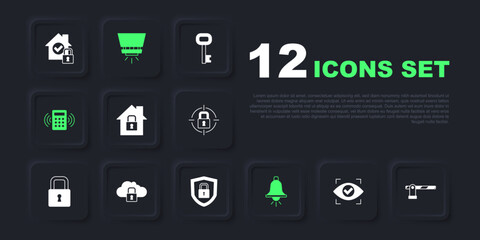 Set Eye scan, Parking car barrier, House under protection, Ringing alarm bell, Security keypad access panel, Cloud computing lock, Fire sprinkler system and Shield security with icon. Vector