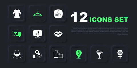 Set Martini glass, International Women Day, 8 March, Heart speech bubble, Female gender symbol, Hanger wardrobe and Paper shopping bag icon. Vector