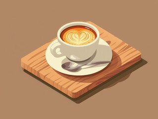 Espresso with latte art on wooden tray and spoon