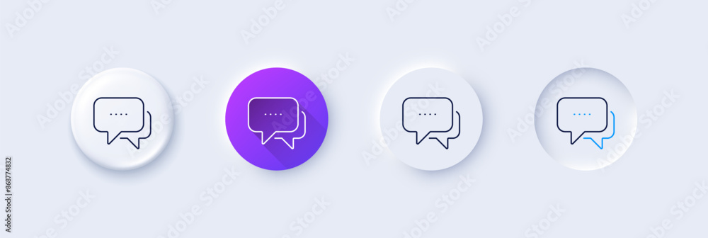 Poster message line icon. neumorphic, purple gradient, 3d pin buttons. chat comment sign. speech bubble sym