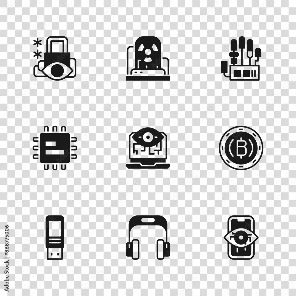 Poster set headphones, cryptocurrency coin bitcoin, computer vision, mechanical robot hand, cyber security,