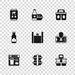 Set Lunch box, Food ordering on mobile, Coffee cup to go, Online food, Soda can, and Sauce bottle icon. Vector