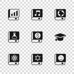 Set Jewish torah book, Graduation cap, Book, Financial, Earth globe and, Audio and Chemistry icon. Vector