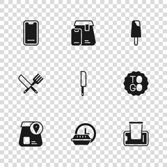 Set Round the clock delivery, Coffee cup to go, Food ordering on mobile, Knife, Ice cream, Online food and Crossed knife and fork icon. Vector