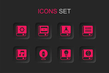 Set Microphone, Book about cinema, User manual, Books programming, Financial book, Chemistry and Audio icon. Vector