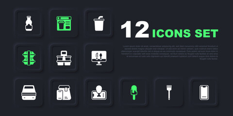 Set Fork, Food ordering on mobile, Coffee cup to go, Ice cream, Lunch box, Online food, and icon. Vector