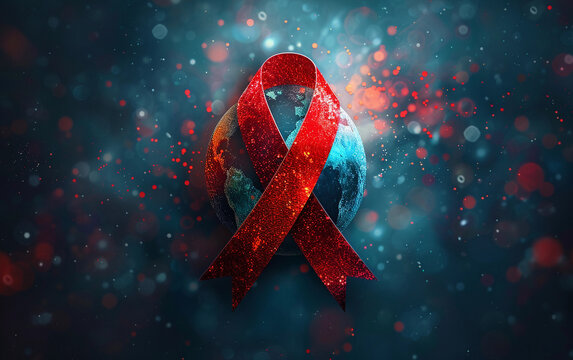 Red Ribbon Wrapped Around Globe in Dark Blue Background With Sparkling Lights