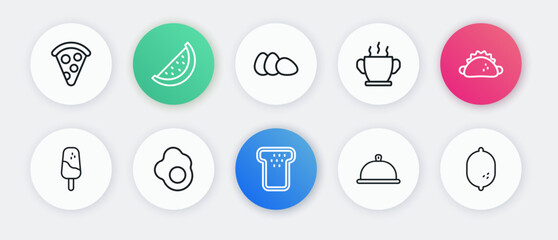 Set line Bread toast, Taco with tortilla, Ice cream, Covered tray of food, Bowl hot soup, Chicken egg, Lemon and Scrambled icon. Vector