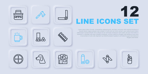 Set line Swiss army knife, Lighter, Cartridges, Bullet, Coffee cup, Hunting dog, Wooden axe and shop icon. Vector