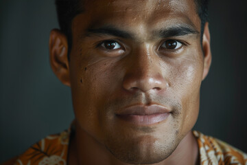 Fototapeta premium Close-up portrait of a young man of Pacific Islander descent, studio photo, against a sleek gray studio backdrop
