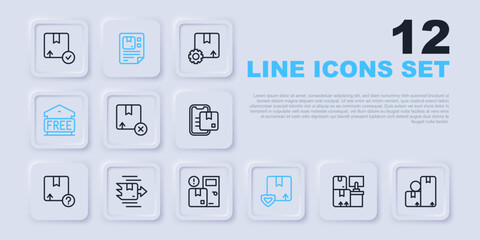 Set line Warehouse with boxes, Carton cardboard, Delivery security shield, Free storage, Waybill and Home delivery services icon. Vector