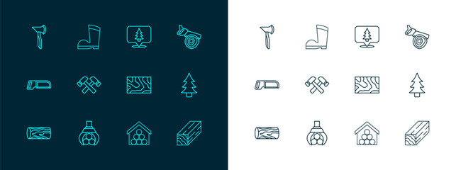 Set line Hand saw and log, Grapple crane grabbed, Wooden beam, logs, Crossed hammer, Location of the forest, axe and Waterproof rubber boot icon. Vector