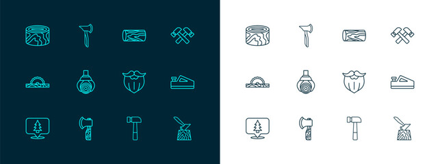 Set line Crossed hammer, Wooden axe, Mustache and beard, Hammer, Grapple crane grabbed log, logs and icon. Vector