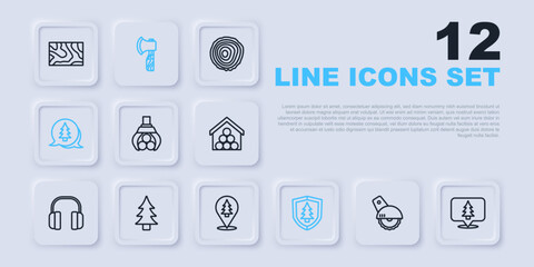 Set line Electric circular saw, Location of the forest, Grapple crane grabbed log, Shield with tree, Tree, Wooden axe and icon. Vector