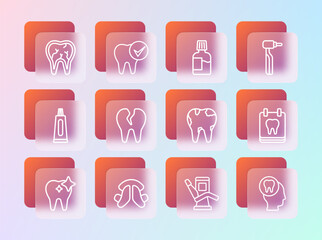 Set line Tooth drill, Dental tooth plate, Broken, Medical dental chair, Mouthwash, and icon. Vector