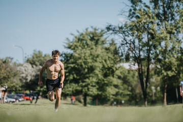 Obraz premium Athletic man showing physical fitness while sprinting in an urban park on a sunny day. Outdoor sport and healthy lifestyle concept.