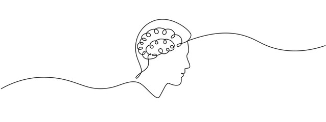 Continuous one-line drawing of a human head with a brain.  Symbol of mental thinking in a simple linear style. Concept of psychology, learning. Vector editable illustration .