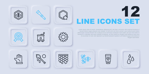 Set line Cosmetic tube with honey, Drops of, Honey extractor, Bees, award, dipper stick, Beekeeping knife and Honeycomb icon. Vector