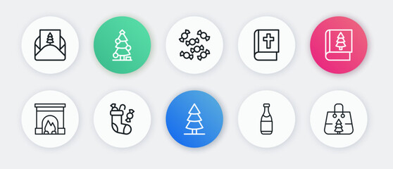 Set line Christmas tree, book, Interior fireplace, Champagne bottle, Holy bible, Candy, shopping bag and stocking icon. Vector
