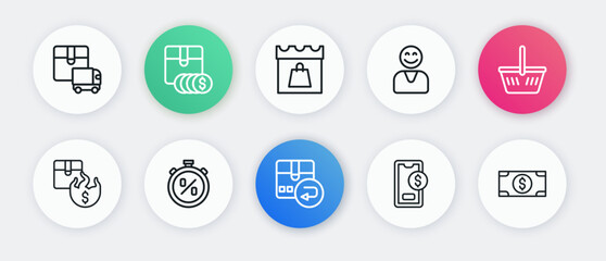 Set line Return cardboard box, Shopping basket, Hot price, Mobile with dollar, Happy customer, day, Stacks paper money cash and Stopwatch percent discount icon. Vector