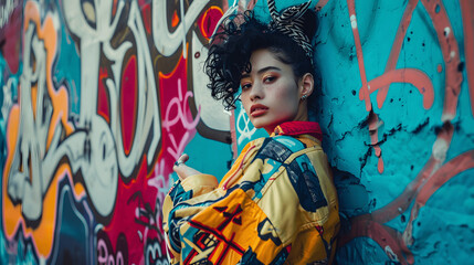 Fototapeta premium Model in edgy streetwear against graffiti wall