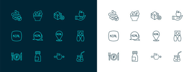 Set line Apple, Vitamins, Kcal, Calorie calculator, No sugar free, Intestines and Salad bowl icon. Vector