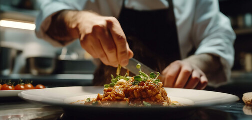 Master chef cook man hands precisely cooking dressing preparing tasty fresh delicious mouthwatering gourmet dish food on plate to customers 5-star michelin restaurant kitchen close-up detailed artwork