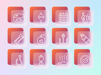 Fototapeta premium Set line Spinning reel for fishing, Fishing lure, hook, Dead, Bomb, net pattern, Canned and float icon. Vector