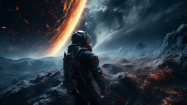 Astronaut team on a spacewalk with an alien planet rising.