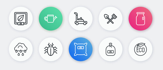 Set line Pack full of seeds, Glass jar with screw-cap, Cloud rain, Shovel and rake, Lawn mower, Eco healthy food and Colorado beetle icon. Vector