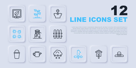 Set line Bird house, Farmer worker hat, Well, Rooster weather vane, Colorado beetle, Watering can, Sprout and Cloud with rain icon. Vector