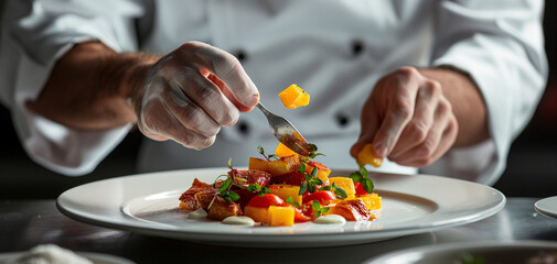 Master chef cook man hands precisely cooking dressing preparing tasty fresh delicious mouthwatering gourmet dish food on plate to customers 5-star michelin restaurant kitchen close-up detailed artwork