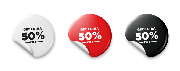 Get Extra 50 percent off Sale. Price tag sticker with offer message. Discount offer price sign. Special offer symbol. Save 50 percentages. Sticker tag banners. Discount label badge. Vector