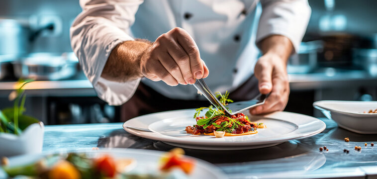 Master chef cook man hands precisely cooking dressing preparing tasty fresh delicious mouthwatering gourmet dish food on plate to customers 5-star michelin restaurant kitchen close-up detailed artwork